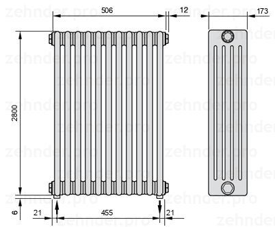 Схема (чертеж) Радиатор Zehnder Charleston 5280/11 №5310 Белый глянцевый RAL 9016